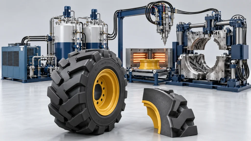 Concept illustration of skid Steer Loader Solid PU Tire Line in China