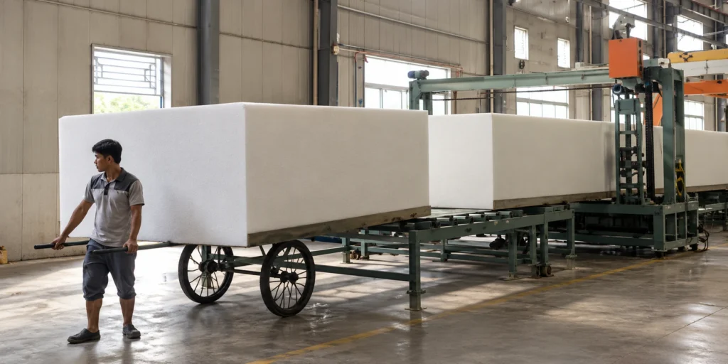 Large rectangular foam block on a wheeled transfer trolley beside the line