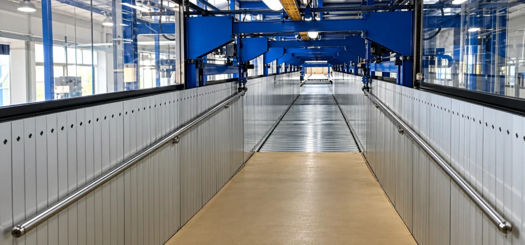 Long forming channel with side guide panels and an overhead mixing-head frame