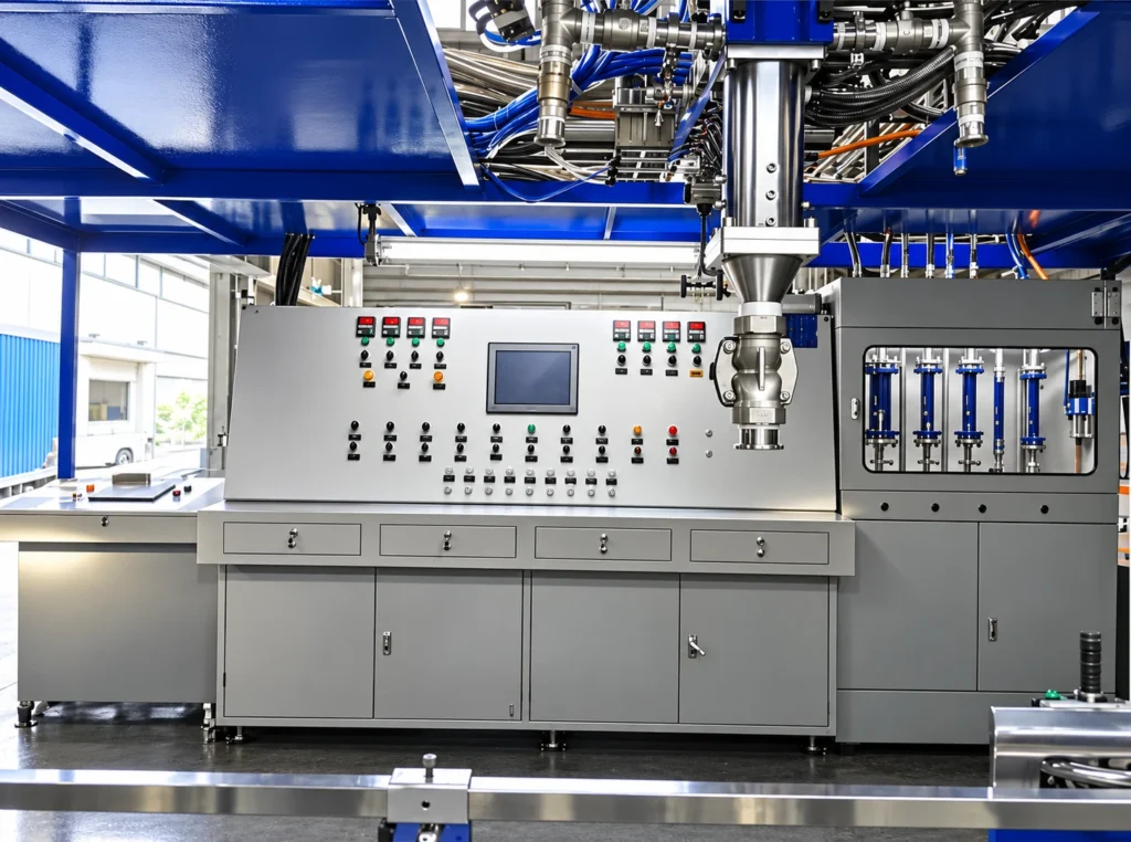 Operator control panel with flow indicators and a suspended mixing head