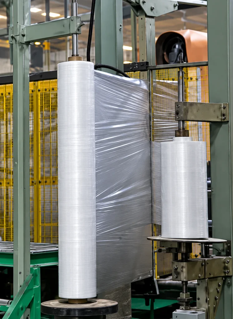 Vertical liner film unwind rolls and guide supports