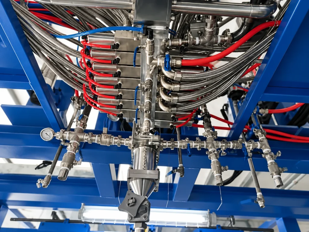 Mixing head with multiple material hoses and feed connections beneath the support frame