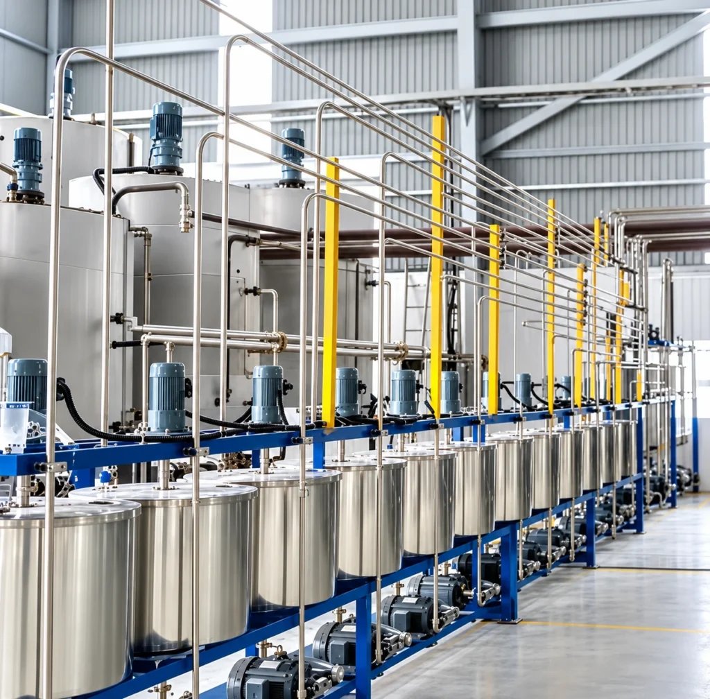 Rows of material vessels and feed piping at a multi-component metering station