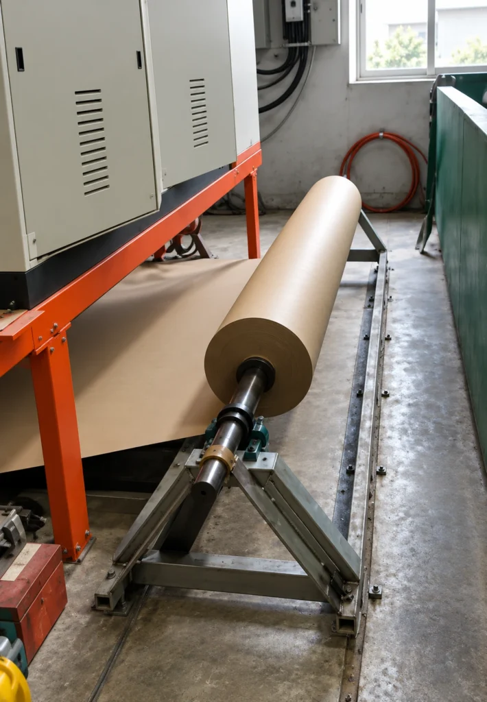 Paper liner roll mounted on an unwind stand beside the foaming line