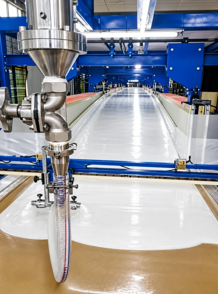 Suspended pouring head above the lined continuous forming conveyor