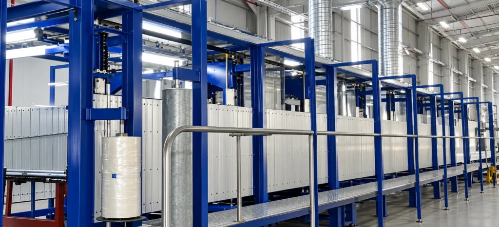 Blue conveyor frame with side liner film rolls and guide structures