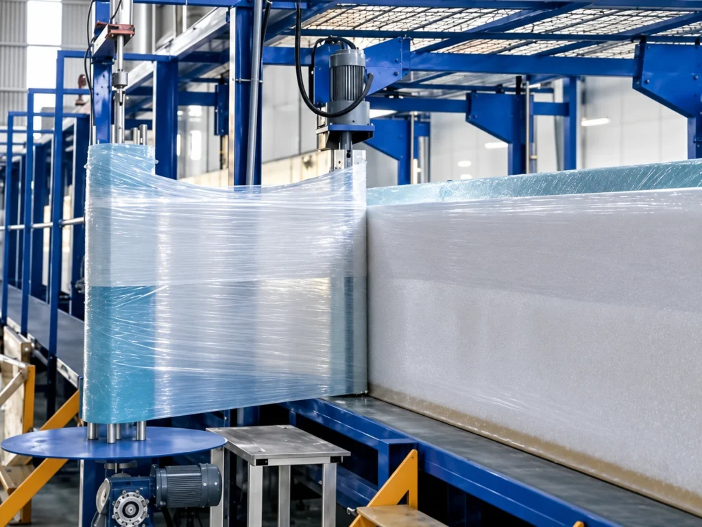 Side liner film roll feeding along the foam forming conveyor