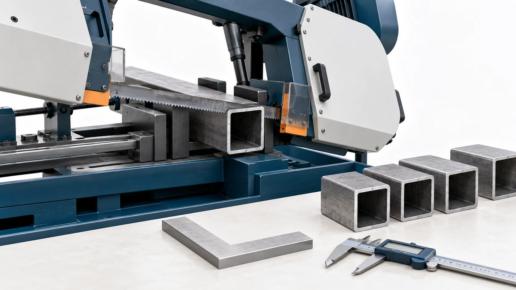 Concept of metal tube bandsaw blanking with clamped stock, cut blanks, a square and caliper