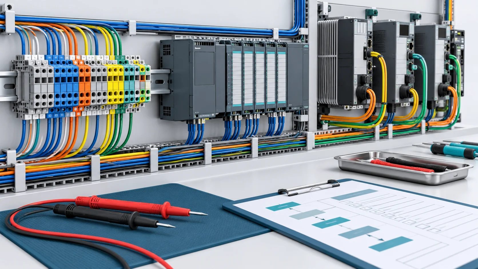Concept of electrical cabinet assembly with DIN-rail terminals, control modules, wiring and test probes
