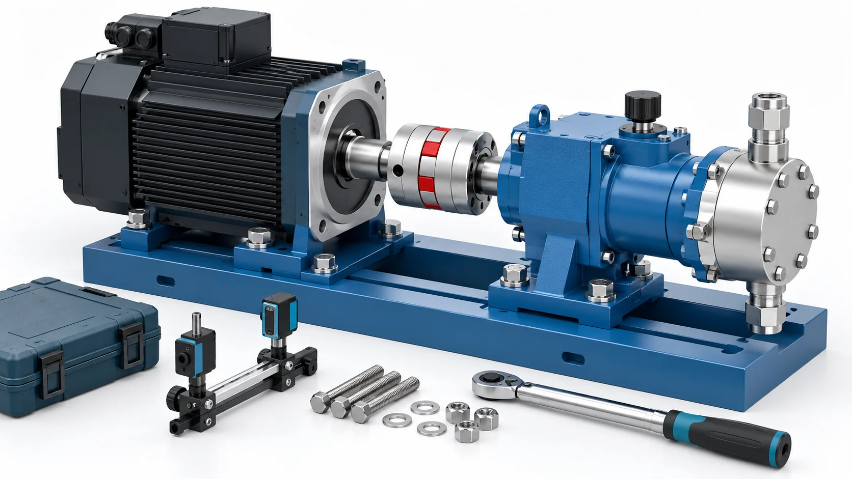 Concept of mechanical assembly with a motor, coupling, pump, alignment tools and fasteners
