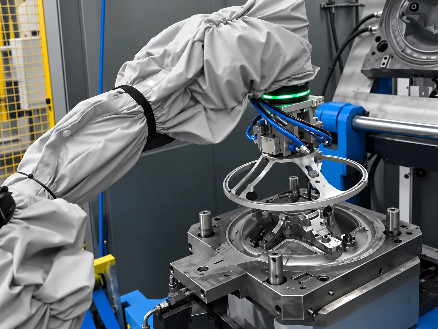 Robot tooling holding a steering wheel armature above an open mold