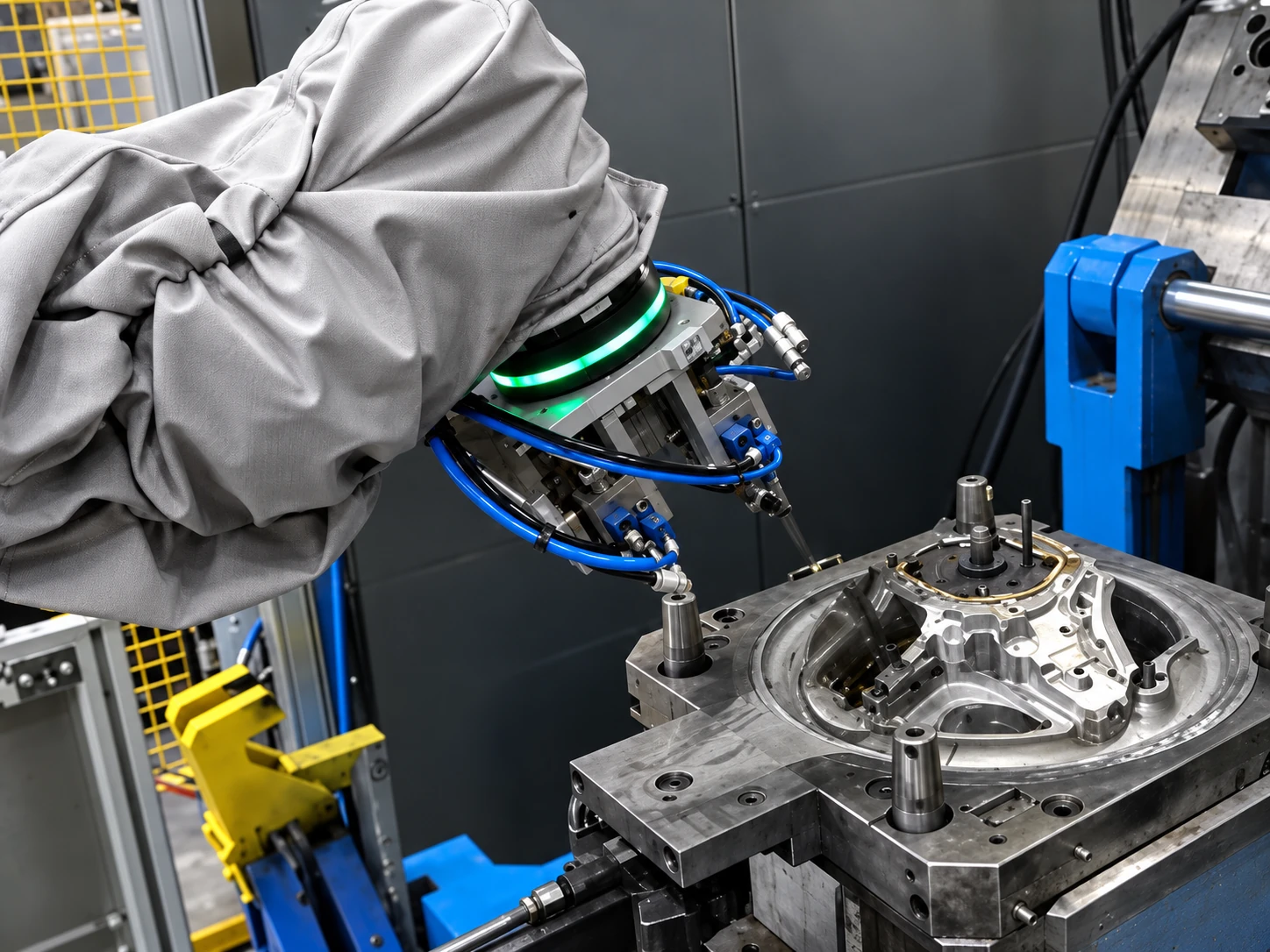 Robot end tooling positioned above a steering wheel mold and fixture