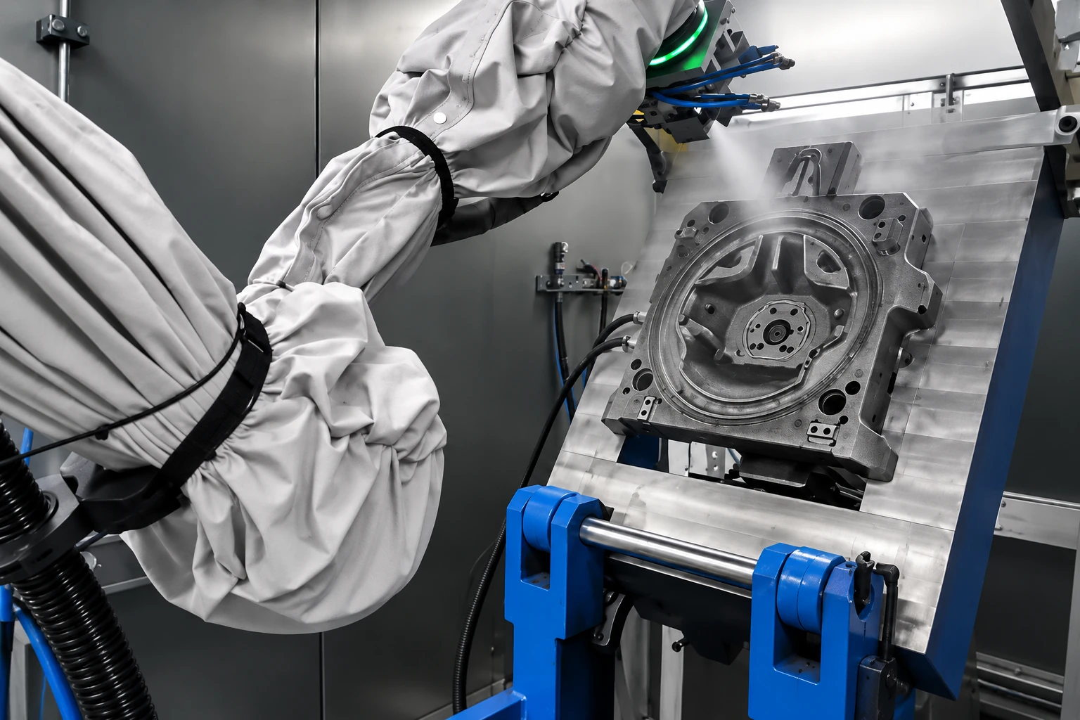 Covered robot arm beside an open steering wheel mold on a tilting fixture