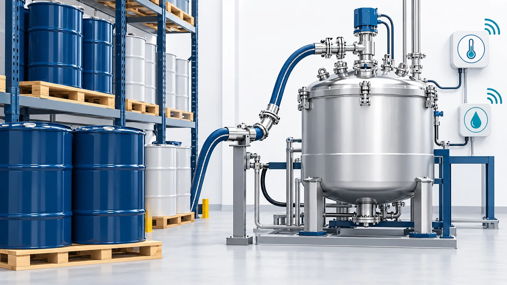 Concept of polyurethane raw-material storage with sealed drums, conditioning equipment, protected transfer and temperature and humidity monitoring