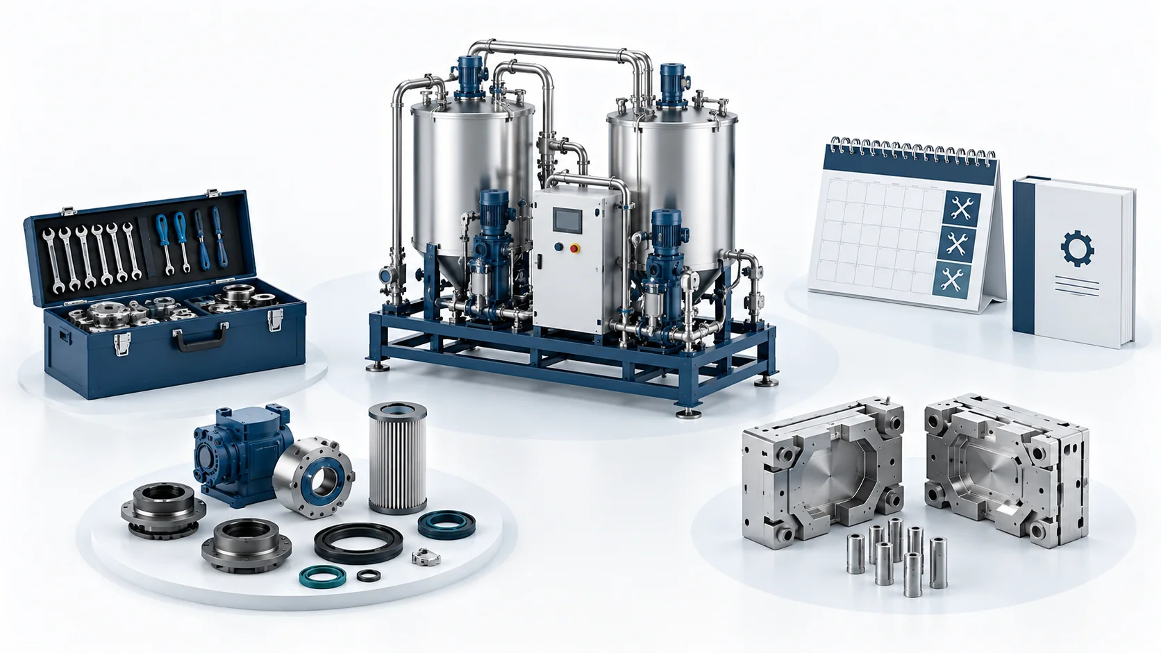 Concept of equipment longevity with a liquid dosing skid, maintenance tools, spare seals and reusable molds