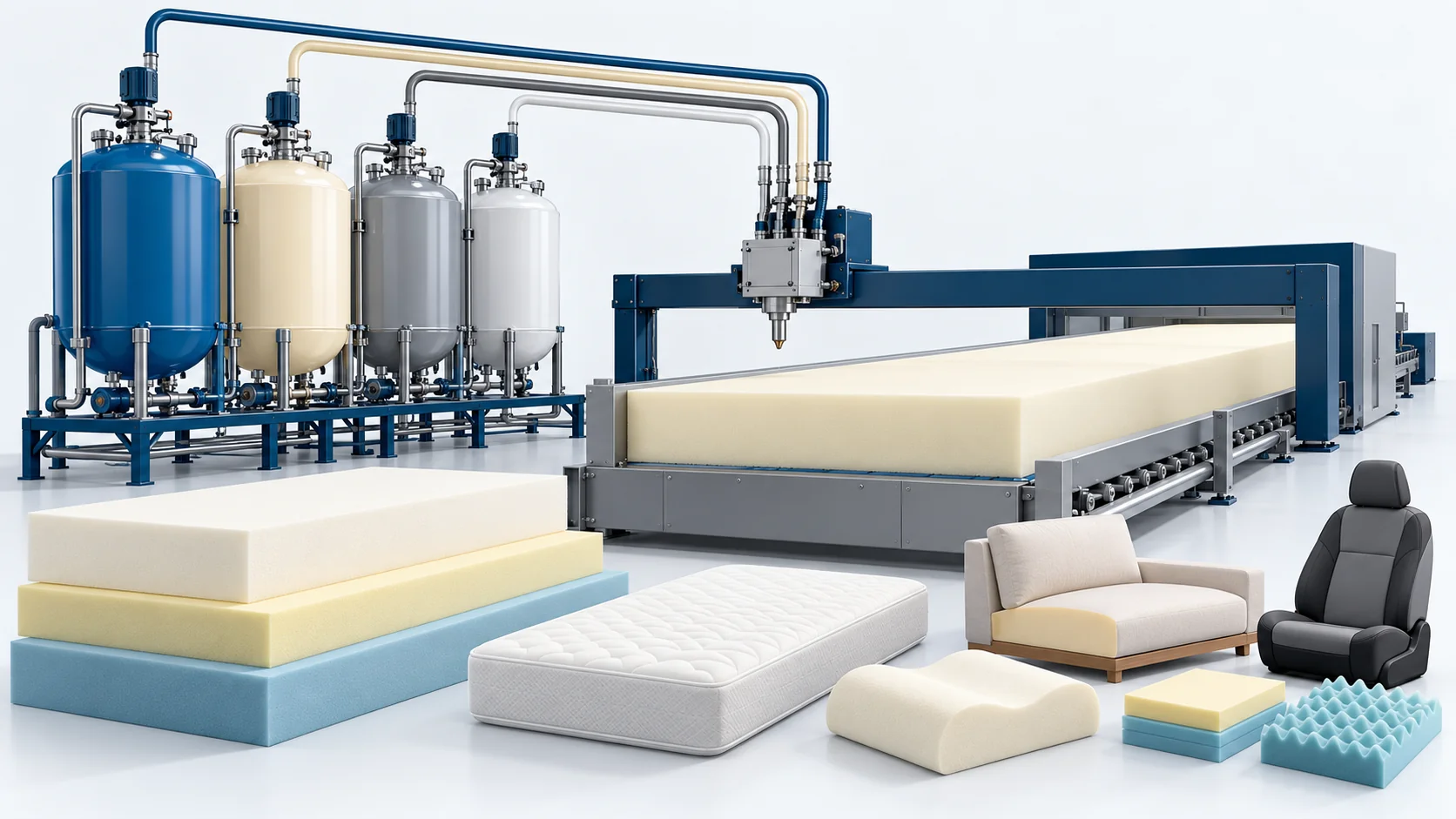 Concept of TDI-based flexible foam production with conditioned material supply, foam blocks and cushioning applications