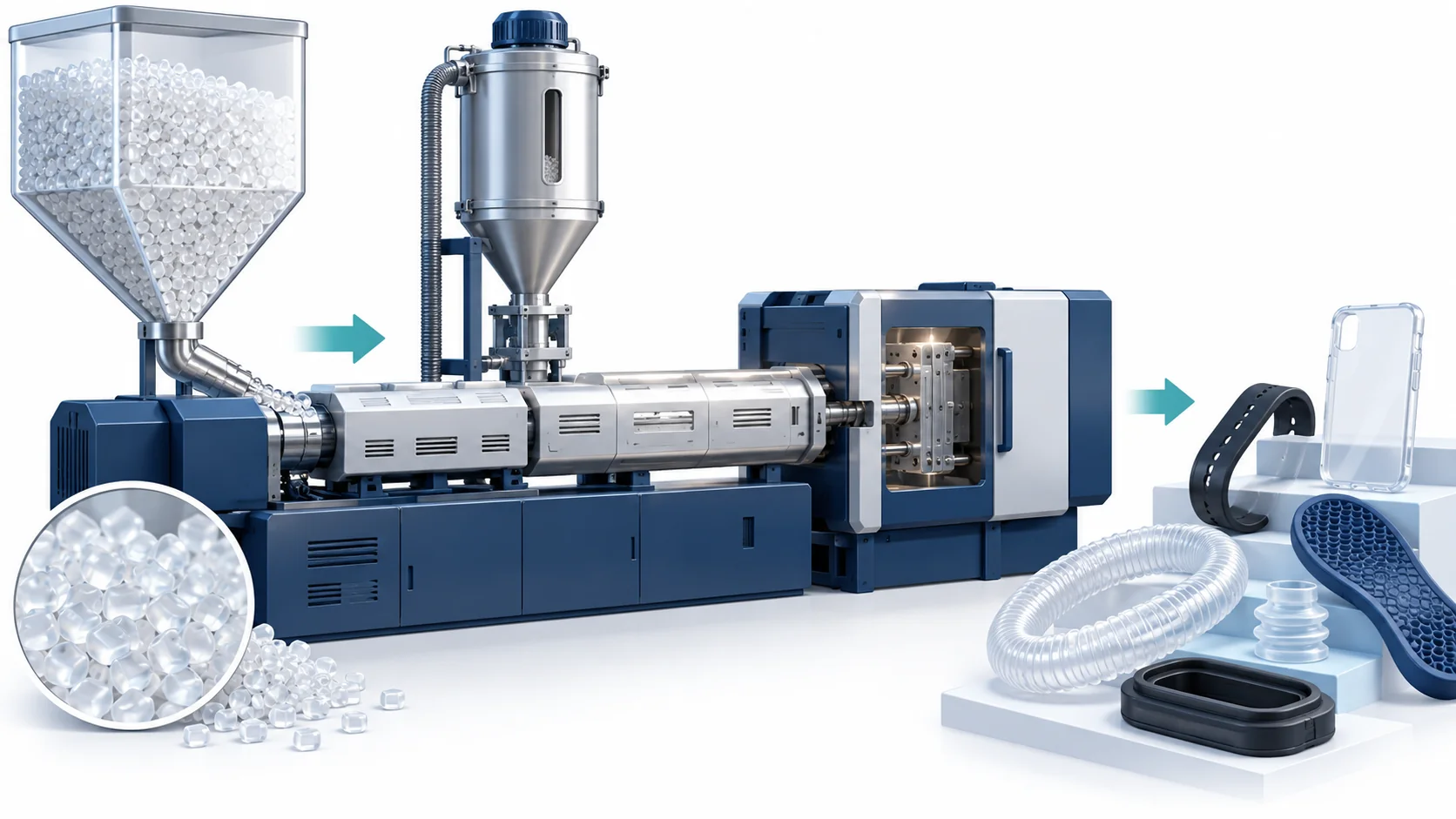 Concept of TPU thermoplastic processing with pellets, drying equipment, melt processing and flexible finished parts