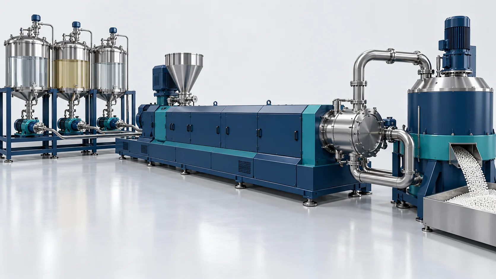 Concept of TPU liquid feeding, reactive extrusion, enclosed underwater pelletizing and centrifugal pellet drying