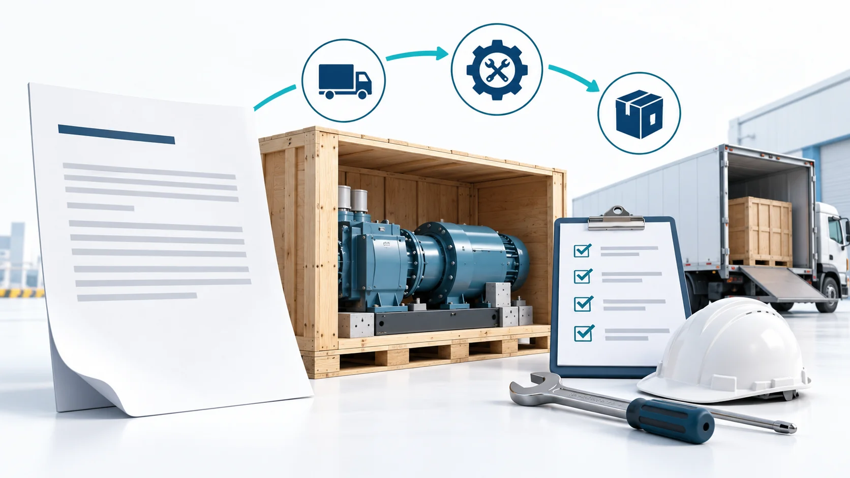 Concept of an equipment delivery agreement with an unsigned document, shipping crate and receiving checklist