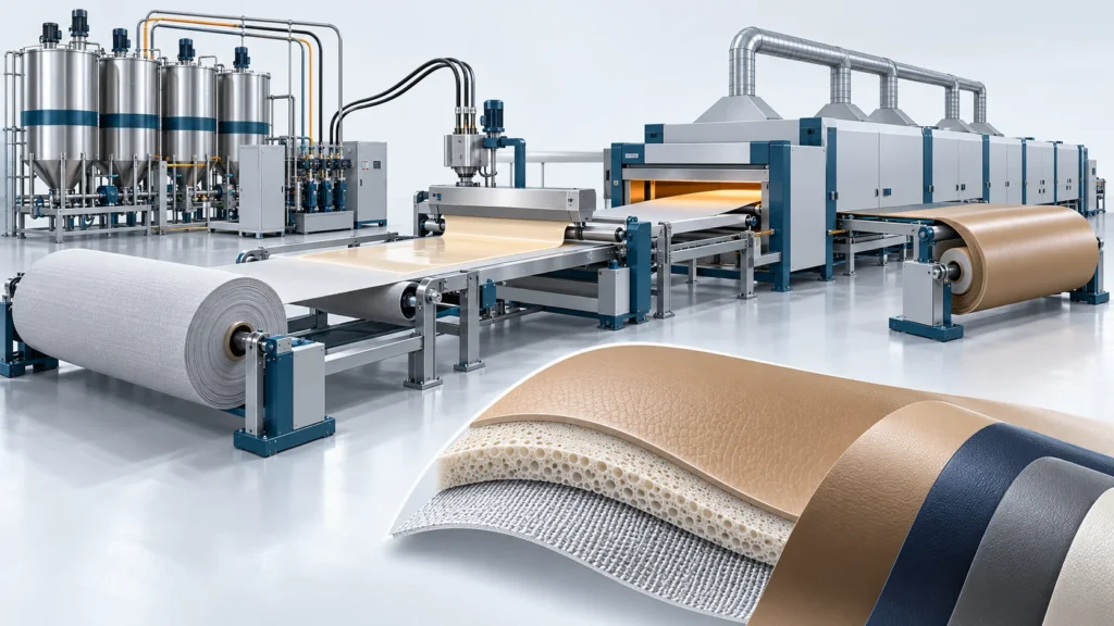 Concept of multicomponent PU synthetic leather coating, thermal processing and a layered coated textile
