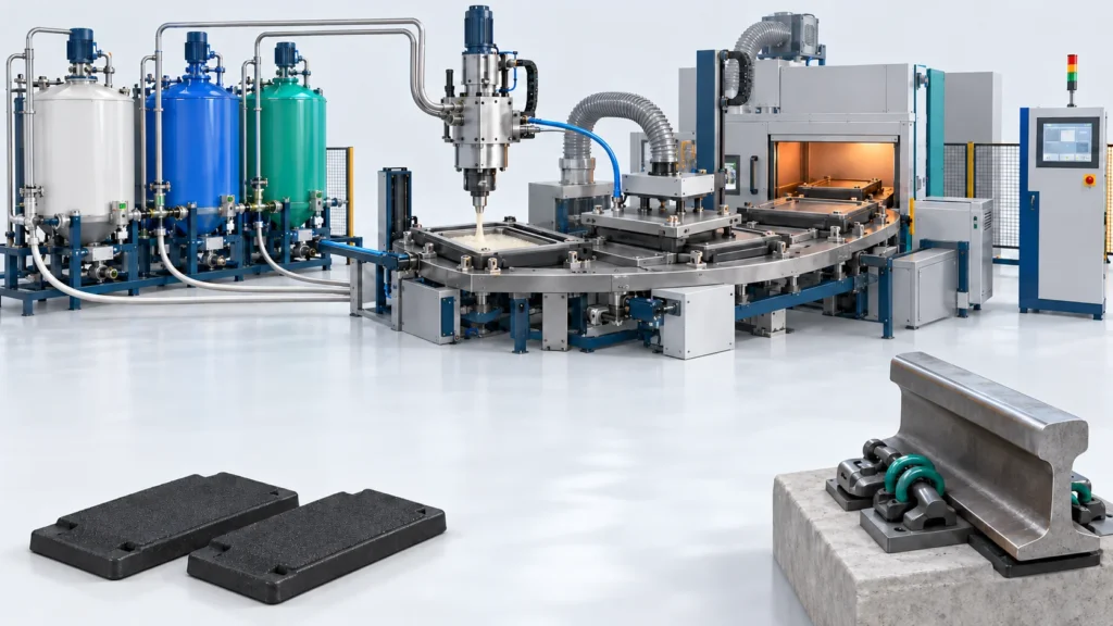 Concept of MCU rail pad molding with indexed molds, controlled curing and a rail fastening application