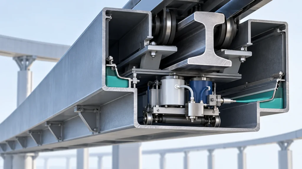 Concept of elastomer damping trough filling inside a suspended steel box girder