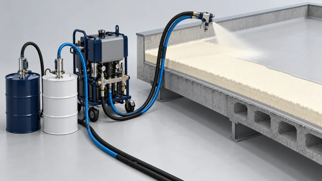 Concept illustration of warehouse Flat Roof SPF Insulation in Saudi