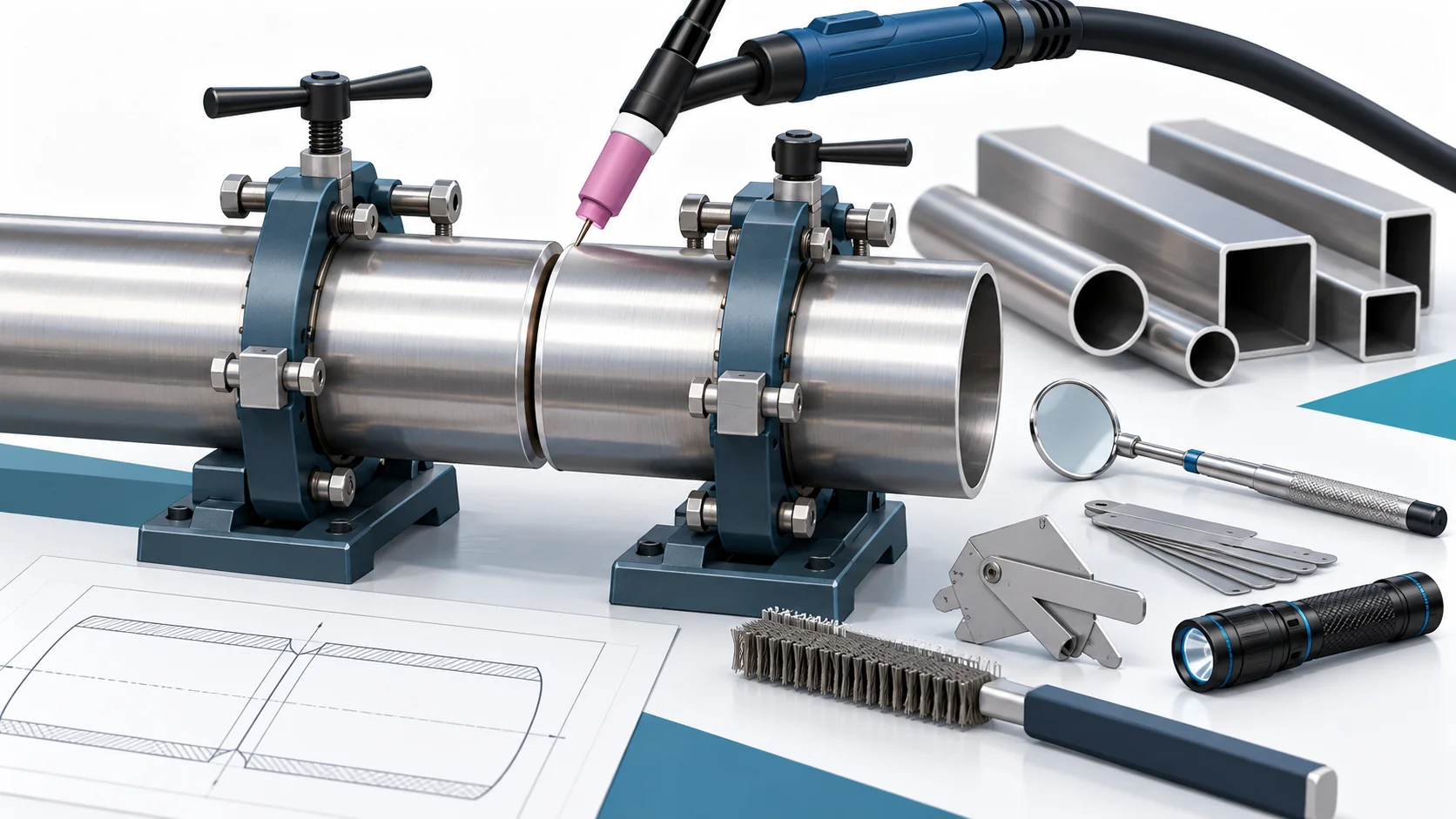 Concept of stainless pipe butt-weld preparation with aligned clamped ends, a TIG torch and inspection tools