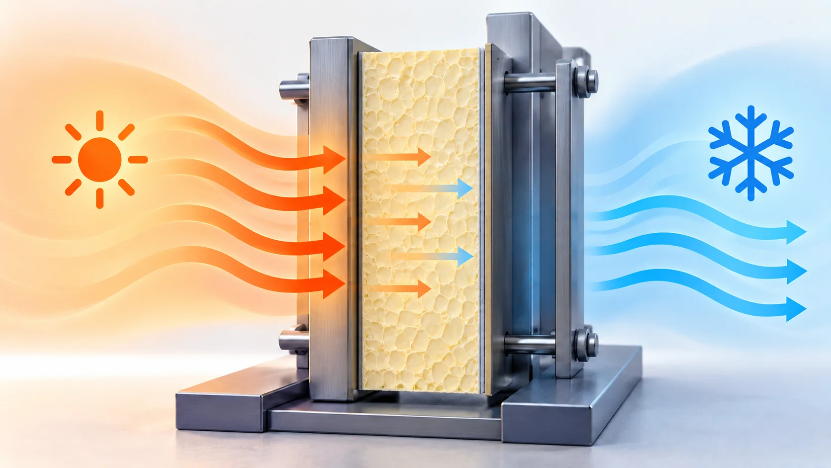 Concept of heat conduction through rigid polyurethane insulation from a warm side to a cool side