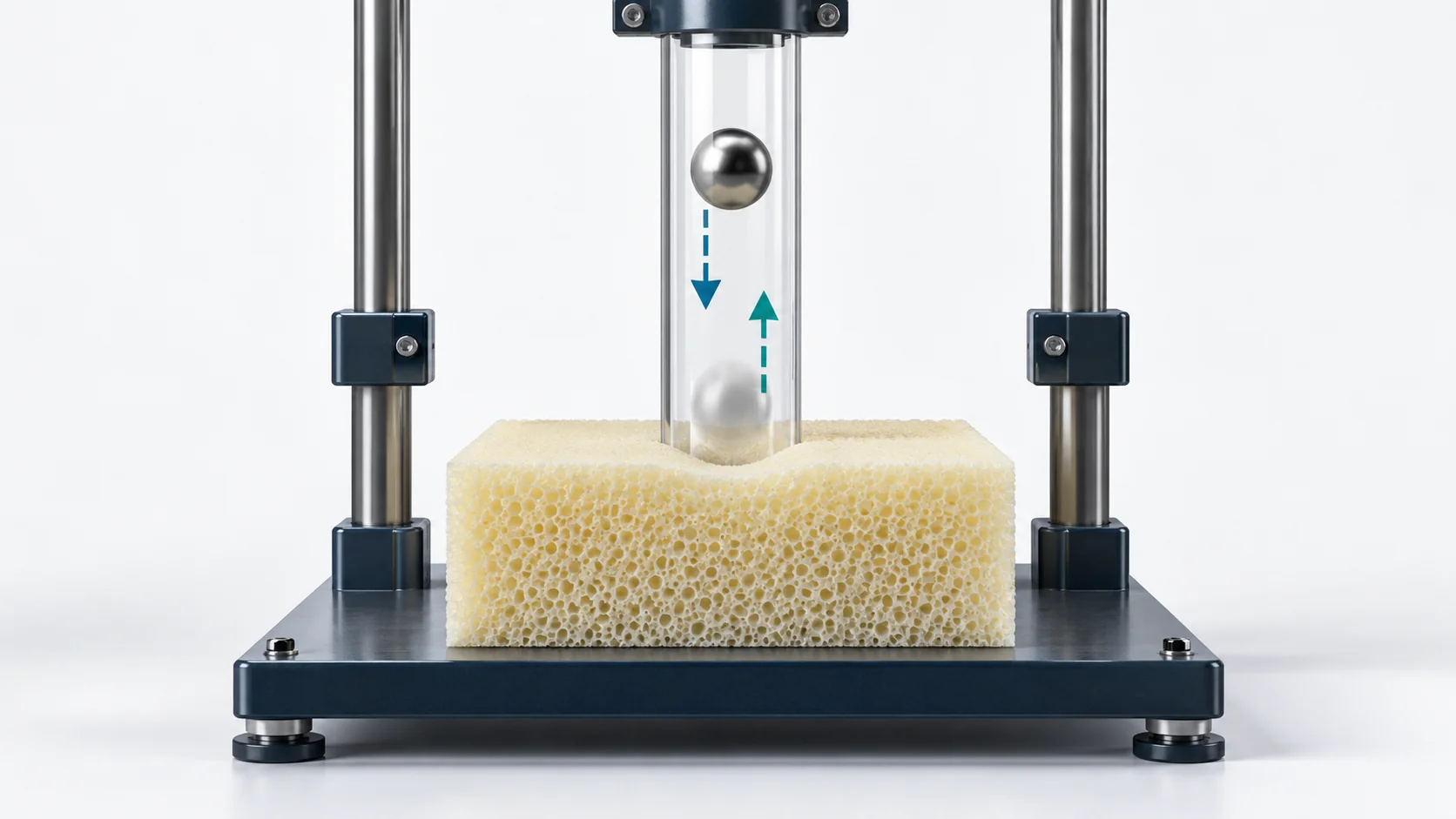 Concept illustration of a steel-ball rebound test setup for high-resilience polyurethane foam