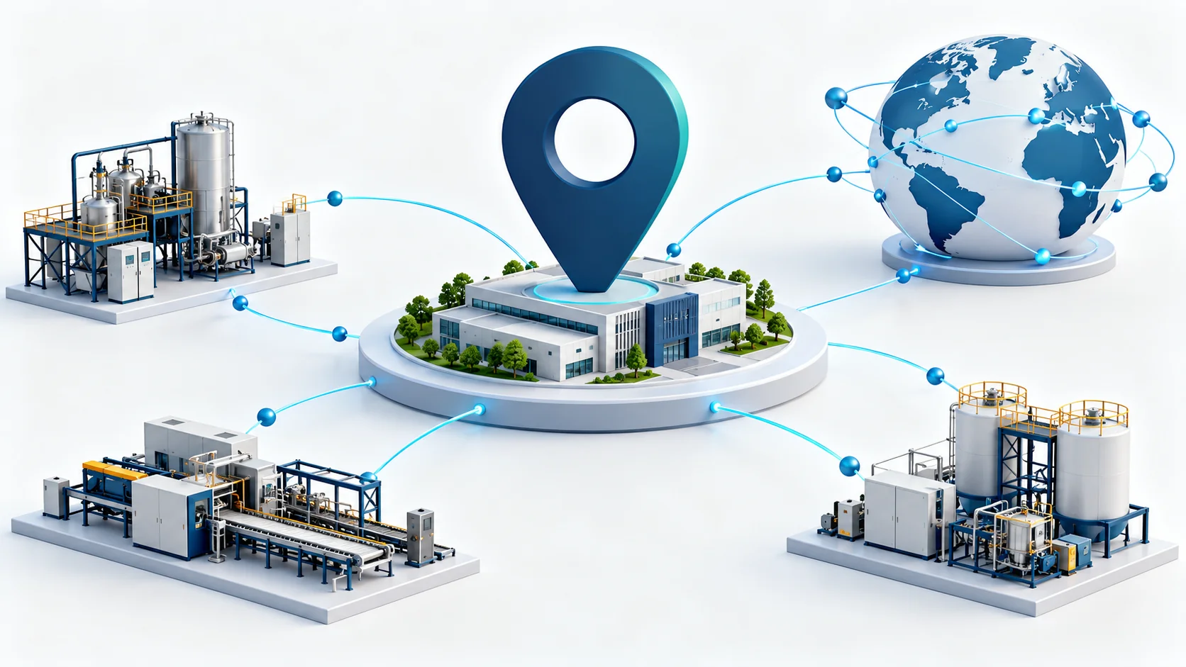 Concept of a company location linked to equipment engineering, manufacturing and global support