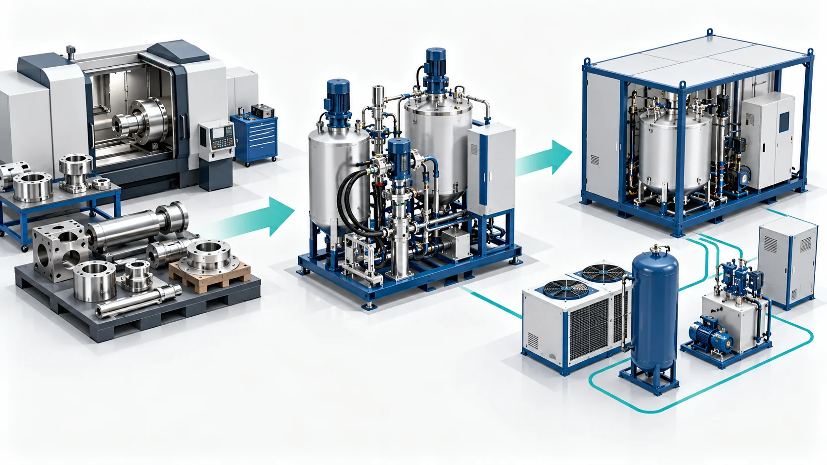 Concept of polyurethane equipment manufacturing from component machining through module assembly and coordinated auxiliaries