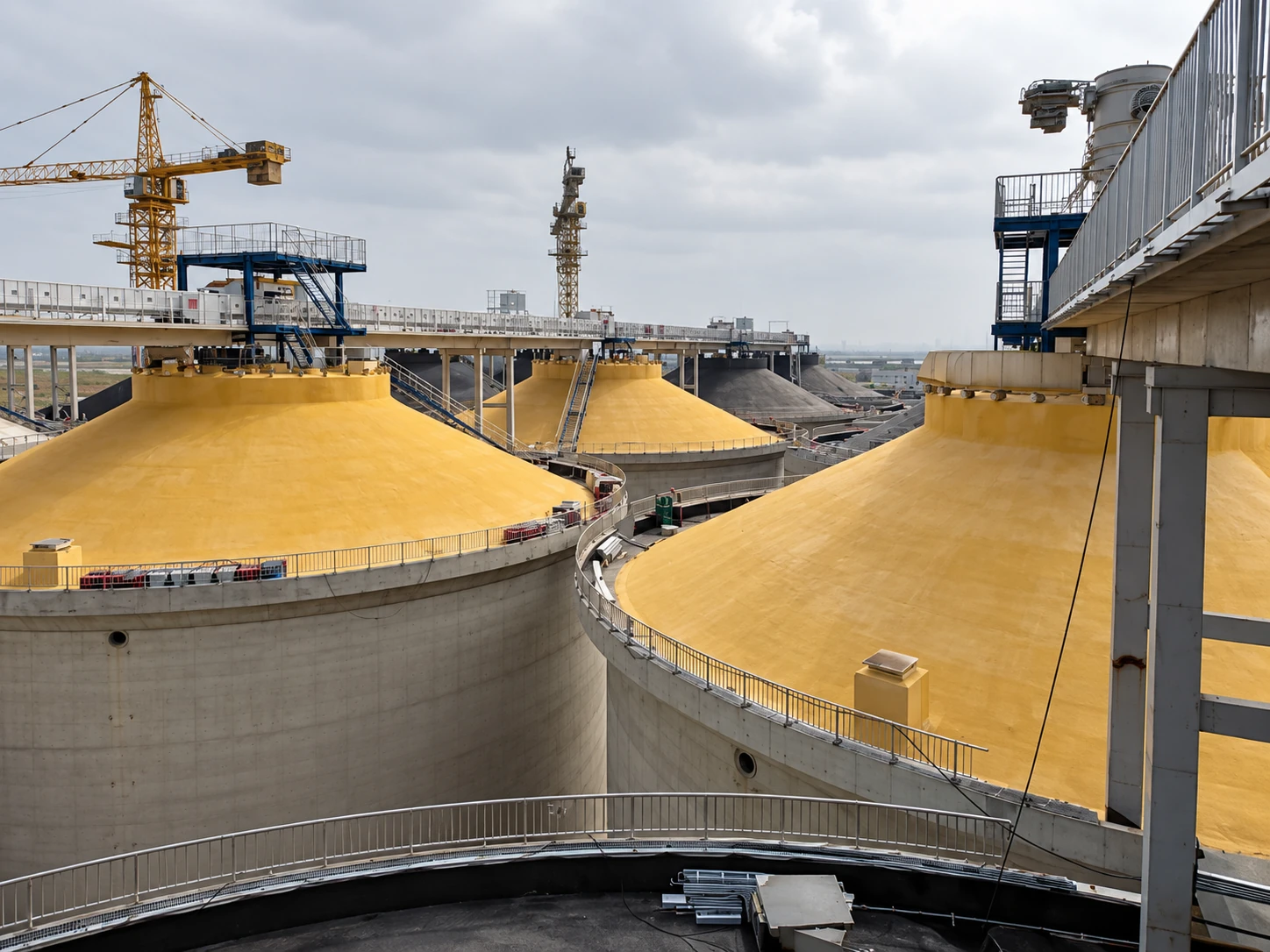 Industrial storage tanks with yellow roof insulation surfaces.