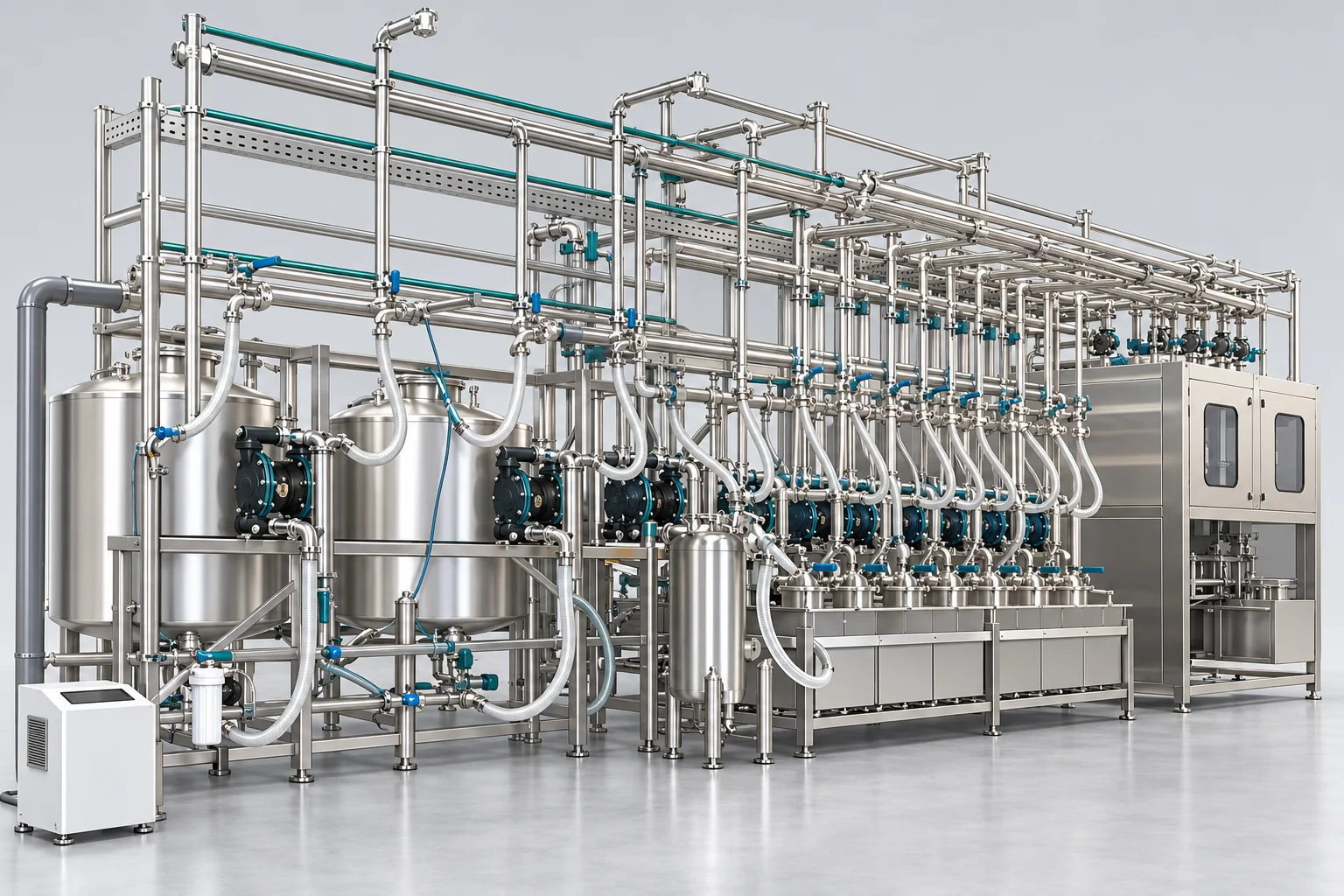 Concept illustration of ingredient tanks, pumps and circulation pipework for an automated batching system.