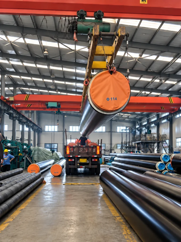 An overhead crane lifting a pipe with an orange end cover above a workshop loading area.