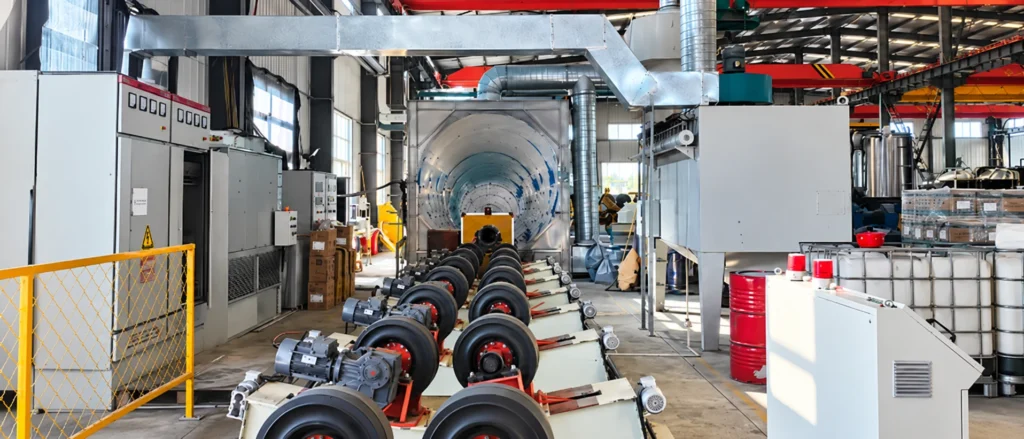 Roller handling equipment aligned with an enclosed pipe-processing station in a workshop.