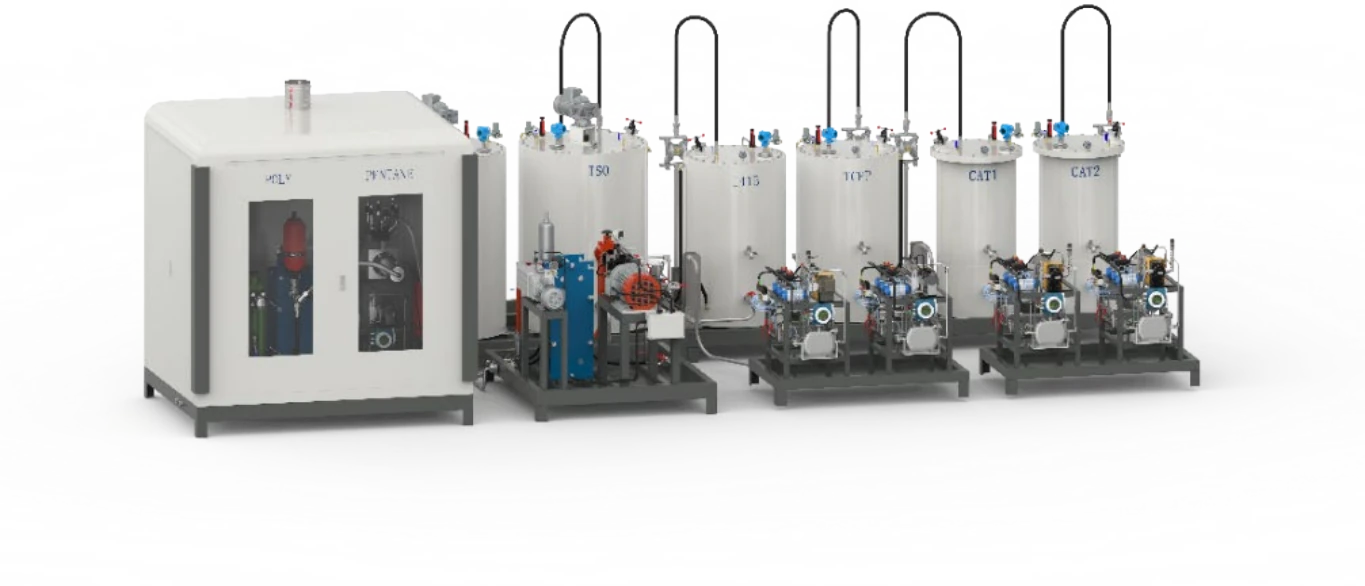 Five-component polyurethane metering-system arrangement with material tanks and independent pump circuits
