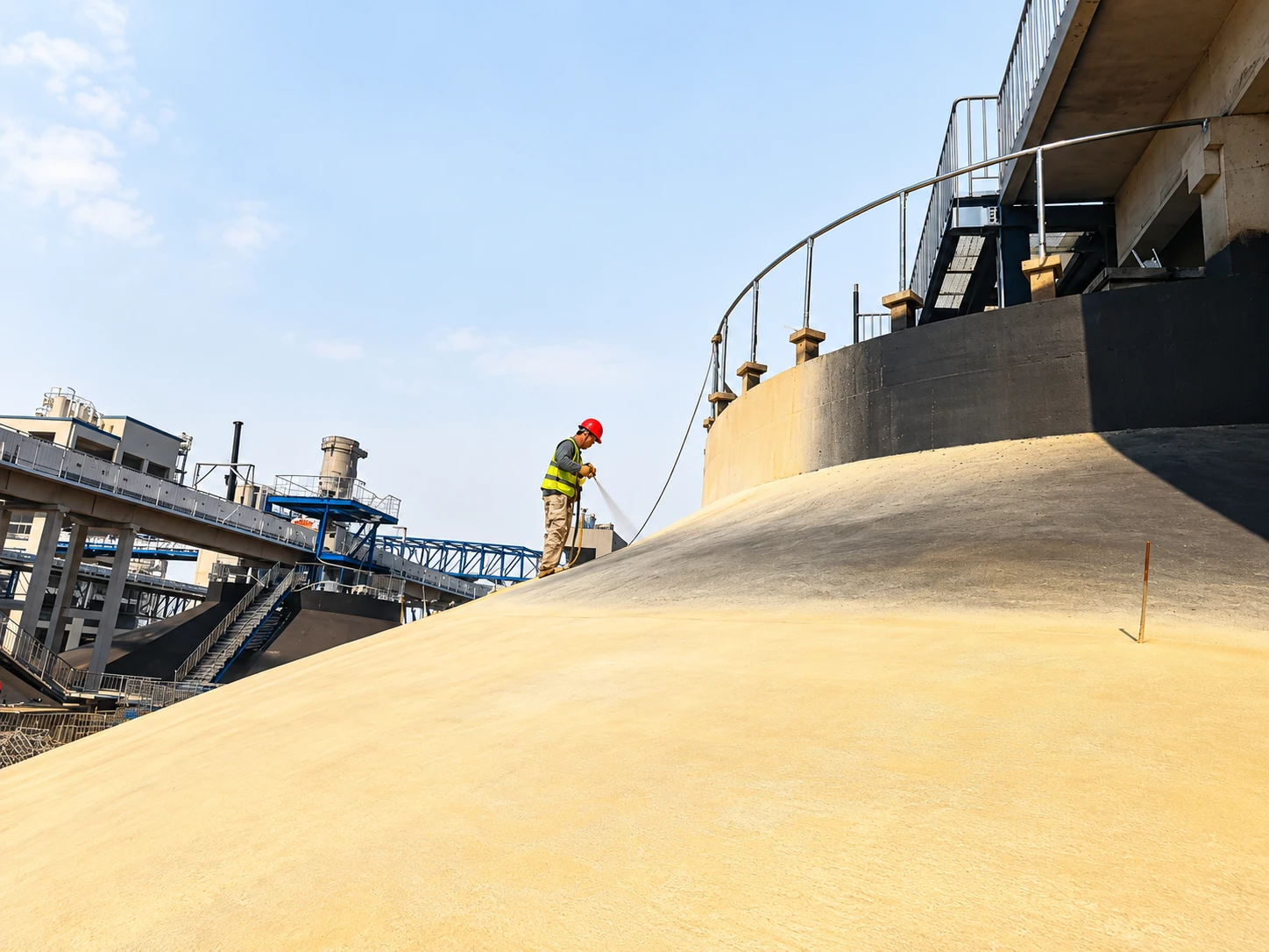 A worker beside a yellow insulation surface on an industrial storage tank roof.